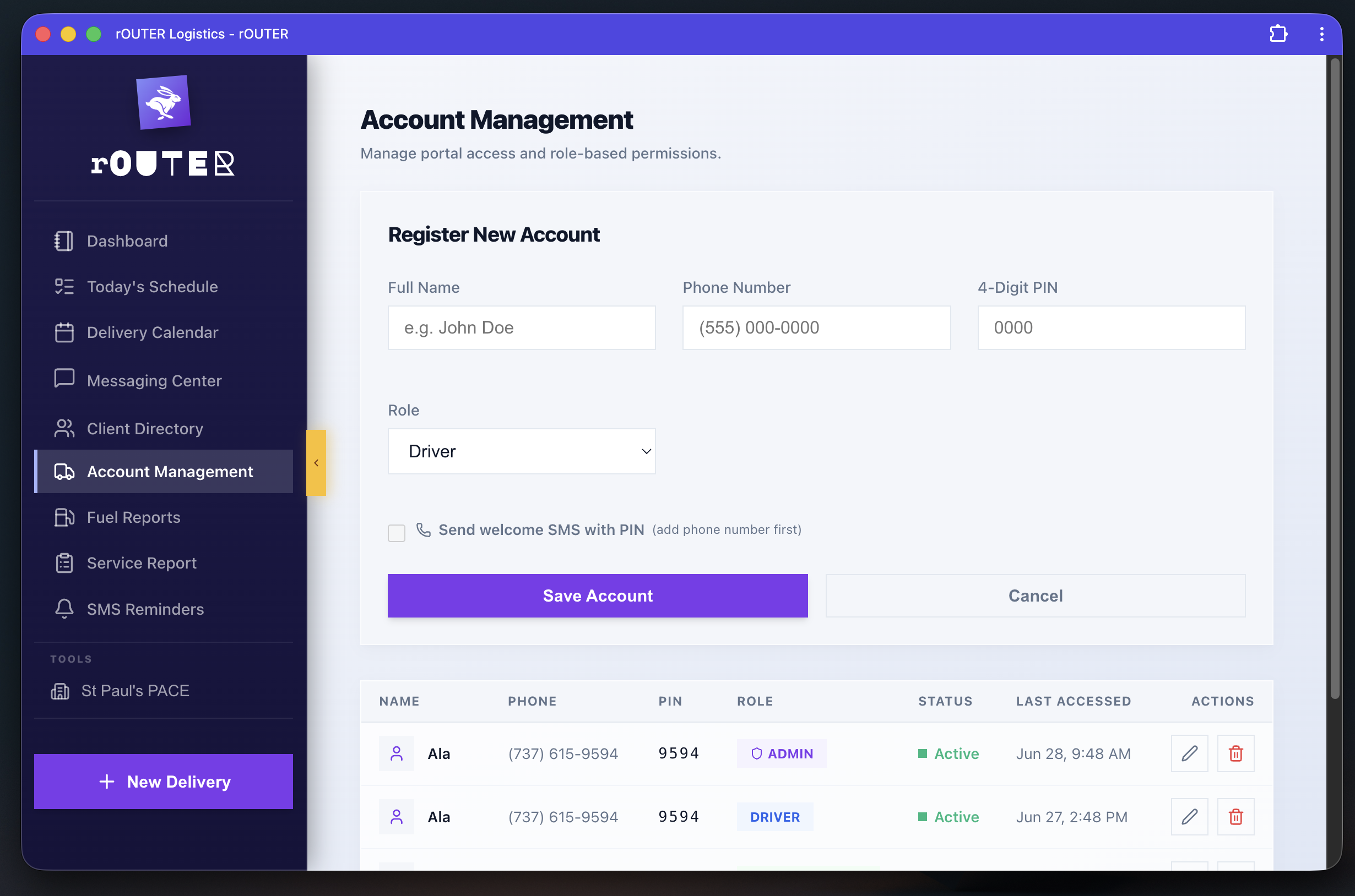 rOUTER account management and role-based access