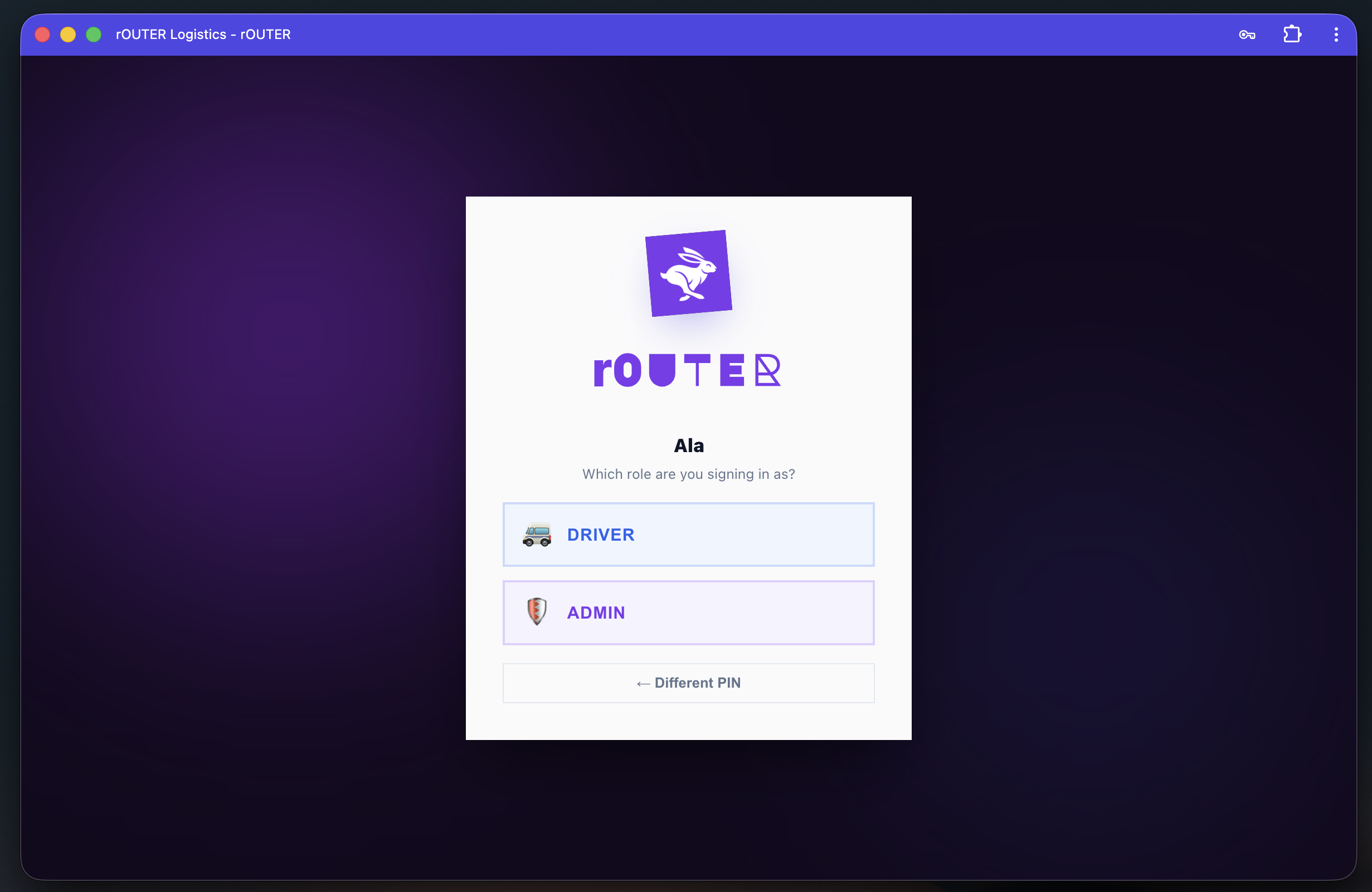 rOUTER role selection — Driver or Admin