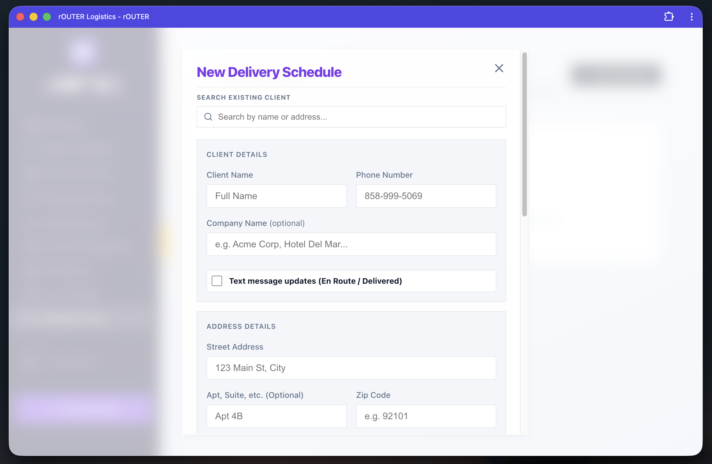 rOUTER new delivery schedule form