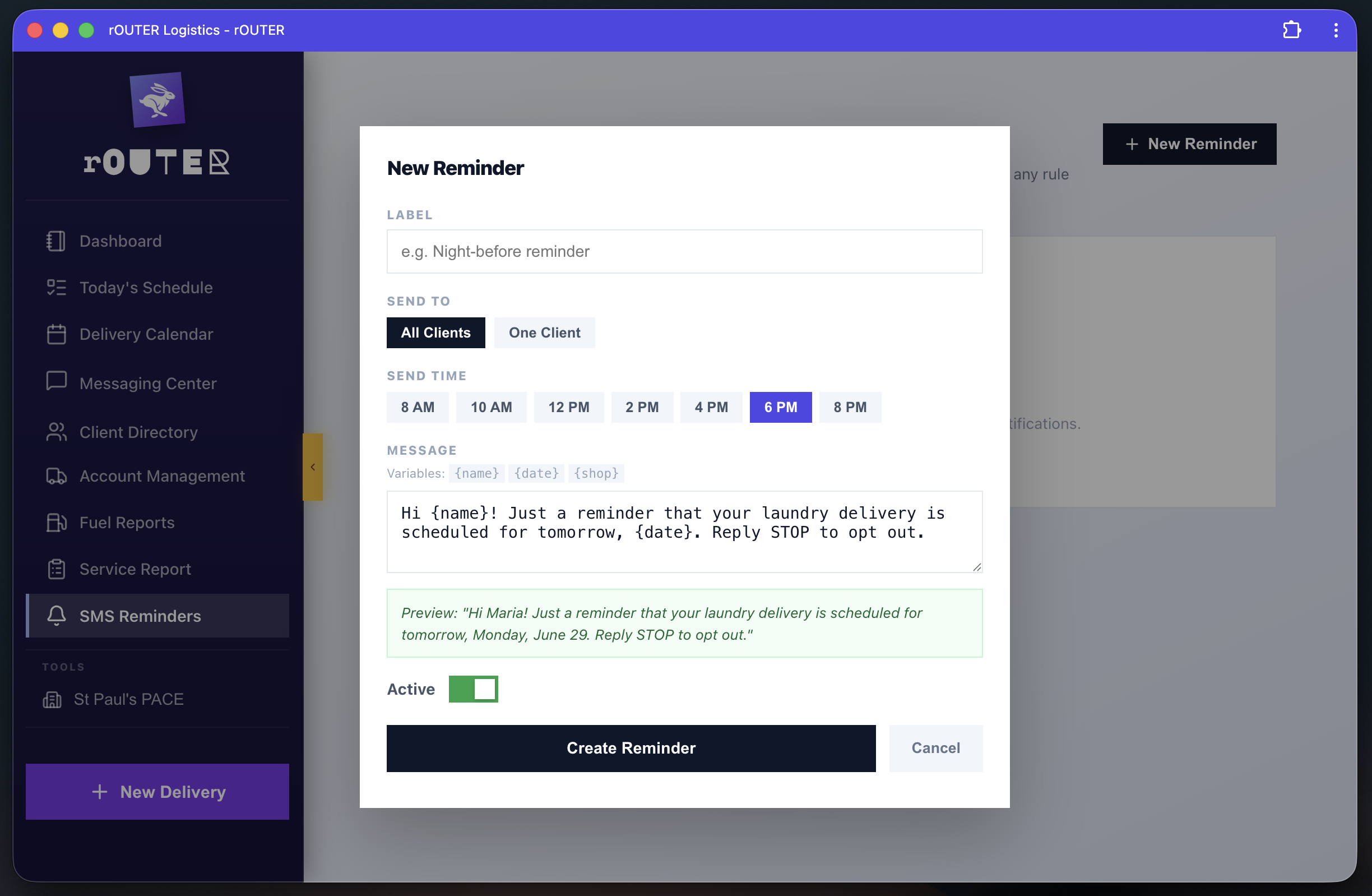 rOUTER SMS reminders with template variables